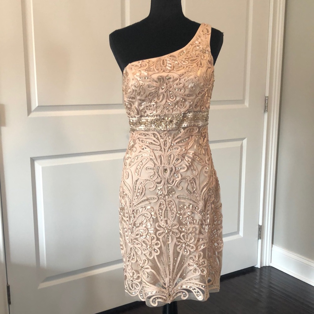One-shoulder, beaded dress by Sue Wong, size 8.